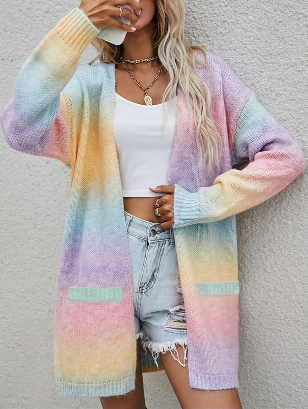 Pastel Rainbow Open-Front Knit Cardigan Sweater - Women